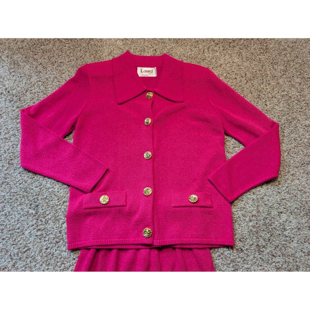 Laura by Alyzia Vintage 2Pc Knit Skirt Suit Womens 4 Pink Gold Button; Vintage - Picture 3 of 12
